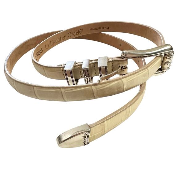 Coldwater Creek Cream Leather Western Skinny Belt Silver Hardware Size XL - Picture 1 of 6
